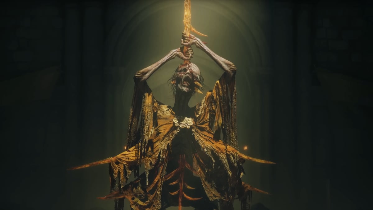 Top 10 Elden Ring Shadow Of The Erdtree DLC Enemies We’re Most Excited To Die To: The dude pulling a sword out of his face.