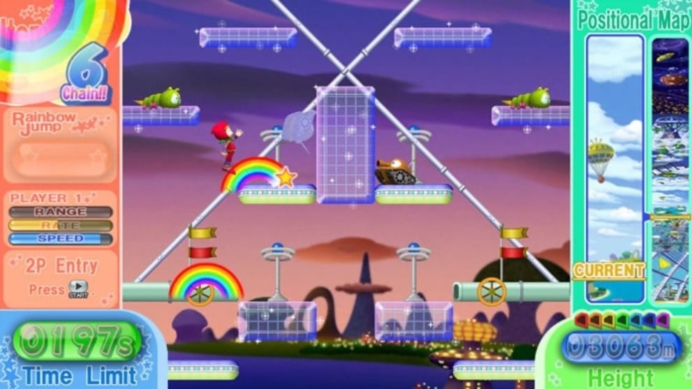 Blue grid-like platforms are visible with caterpillar-like enemies balancing on top of them. The protagonist, a red ninja-like garb wearing human climbs up the platforms against a background of a setting sun on an obscure planet.